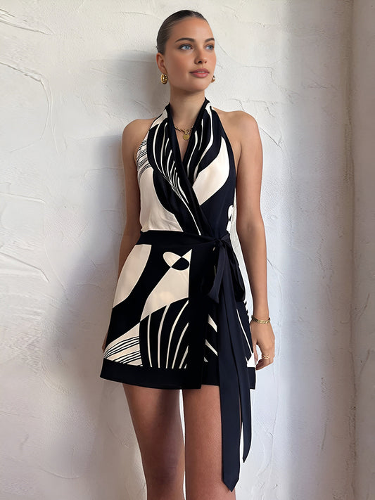 Mia - Satin Blend Abstract Halter Wrap Dress